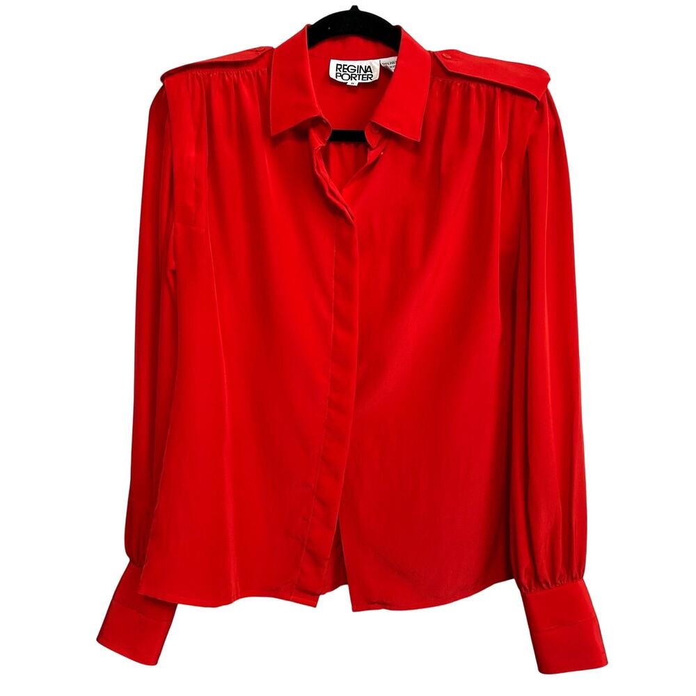 Vintage Regina Porter Red Pleated Epaulette Blouse Womens 8 80s Secretary Top